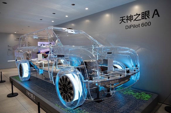 A plastic SUV model that showcases BYD’s intelligent driving system “God’s Eye”. 