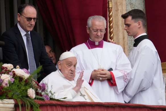 Pope Francis bestowing the Urbi et Orbi blessing at the end of the Easter Mass presided over by Cardinal Angelo Comastri in St Peter’s Square at the Vatican Sunday, April 20, 2025.