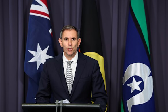 Treasurer Jim Chalmers speaking at a press conference at Parliament House this morning, as the new inflation figures were released.