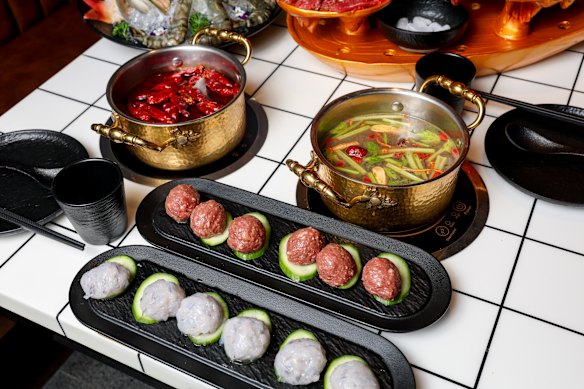 Hand-made meatballs and shrimp ball paste.