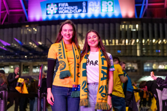 Clare Lawrence (left) and Georgia Rajic (right) met up before the Matildas game in Sydney on Monday.