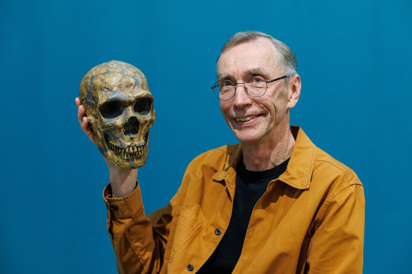 Svante Paabo, director of the Max Planck Institute for Evolutionary Anthropology, with a model of a Neanderthal skeleton.