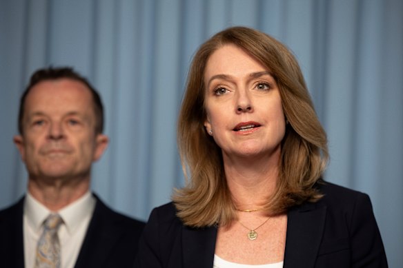Mark Speakman and Kellie Sloane speak to the media on November 10 after Sloane received threats on X in response to her condemnation of a neo-Nazi rally outside Parliament House.