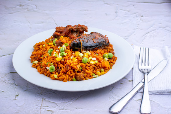 Jollof rice, this time with goat meat.