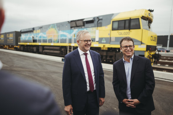 Prime Minister Anthony Albanese opens the interstate rail terminal at Moorebank in early April.