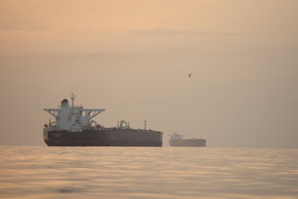 Tankers anchored in the Strait of Hormuz.