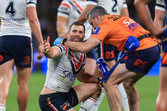 James Tedesco reacts after being collected high by Maika Sivo on Friday night.
