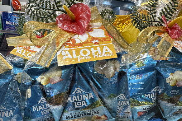 Packets of macadamia nuts on store shelves in Honolulu. 