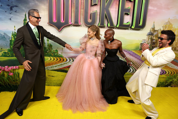 Jeff Goldblum, Ariana Grande, Cynthia Erivo and Jonathan Bailey at the Australian premiere of Wicked at the State Theatre on Sunday. 