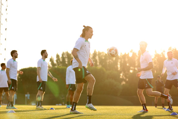 Jackson Irvine controls the ball during a Socceroos training session this week in Qatar.