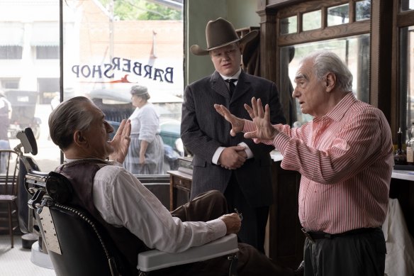 Scorsese, right, on the set of <i>Killers of the Flower Moon</i> with Jesse Plemons and Robert De Niro.