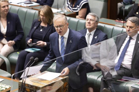 Prime Minister Anthony Albanese speaking in parliament this morning. 