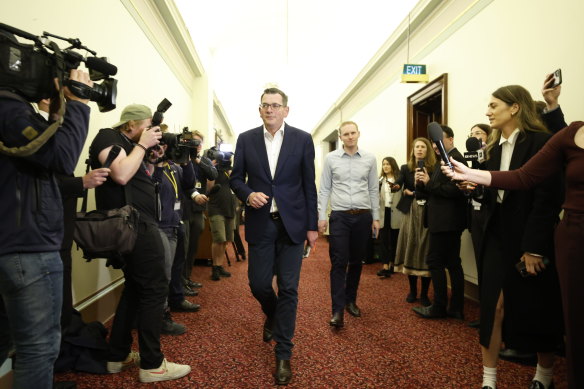 Daniel Andrews arrives for his last Labor caucus meeting in Victorian parliament.