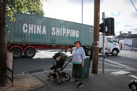 Kensington resident Airdre Grant at the intersection of Macaulay, Epsom and Kensington roads. A Victorian government spokesperson pushed back at claims truck traffic in the area had increased.