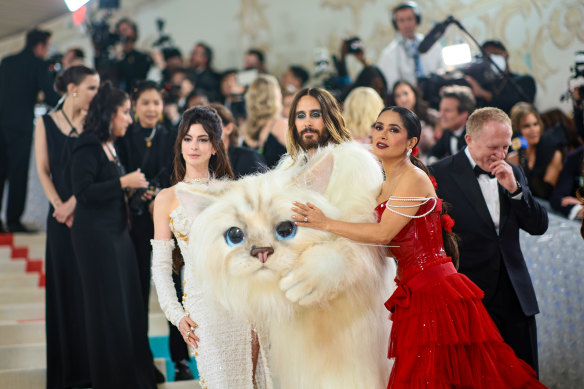 Anne Hathaway, Jared Leto, and Salma Hayek Pinault attend The 2023 Met Gala celebrating “Karl Lagerfeld: A Line Of Beauty” at The Metropolitan Museum of Art in New York City.
