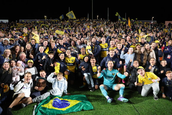 Central Coast Mariners celebrate the team’s win with fans during the second leg of the A-League Men’s Semi Final between Central Coast Mariners and Adelaide United last season.