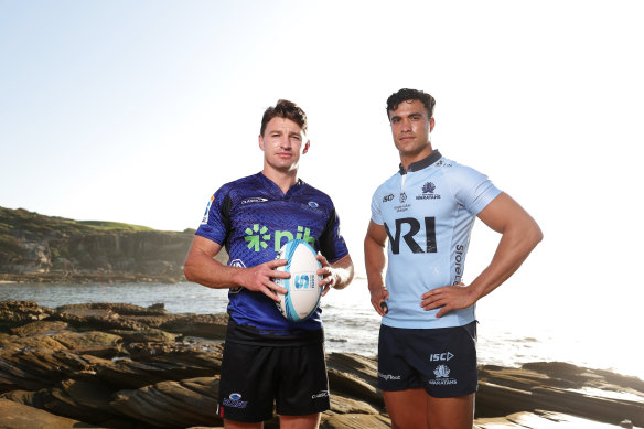 Beauden Barrett and Joseph-Aukuso Suaalii pose during the 2025 Super Rugby season launch on Wednesday.