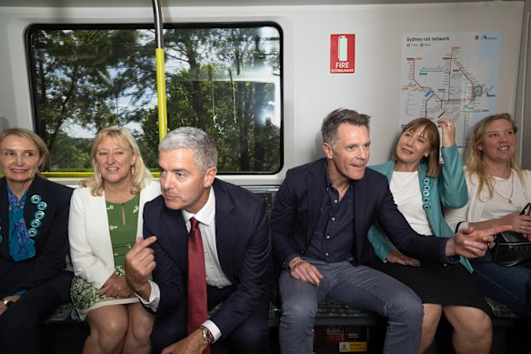 Transport Minister John Graham, Premier Chris Minns and Member for Summer Hill Jo Haylen ride the metro from Sydenham to Dulwich Hill.