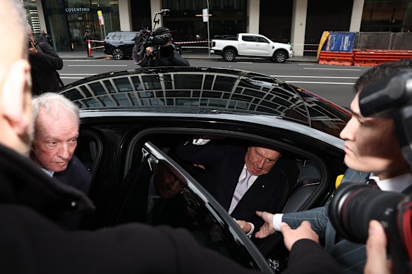Alan Jones arrives at Sydney’s historic Downing Centre court complex for the start of his Local Court trial on Monday.