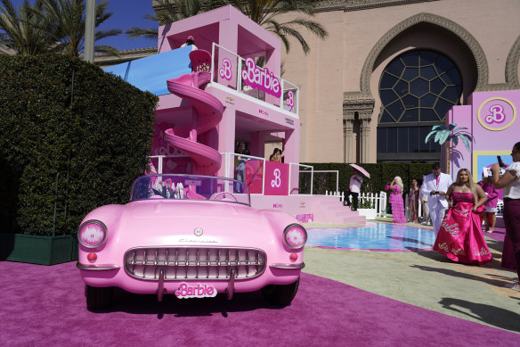 A recreation of Barbie’s DreamHouse and her pink Chevrolet Corvette at the Barbie film’s world premiere in LA.