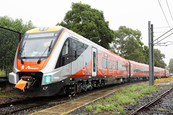 One of the first long-distance regional passenger trains at an Auburn rail maintenance centre on Friday.