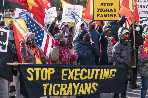 A group of Tigrayans protest about their conflict with the Ethiopian national government, near the US State Department in Washington on December 22.