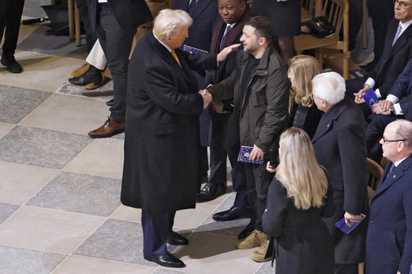 US President-elect Donald Trump greets Ukrainian President Volodymyr Zelensky in Notre-Dame Cathedral.