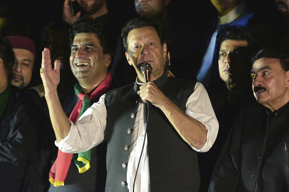 Imran Khan addresses the crowd during an anti-government rally in Islamabad on August 20.