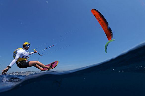 Eleanor Aldridge of  Great Britain prepares to compete in the Women’s Kite class.