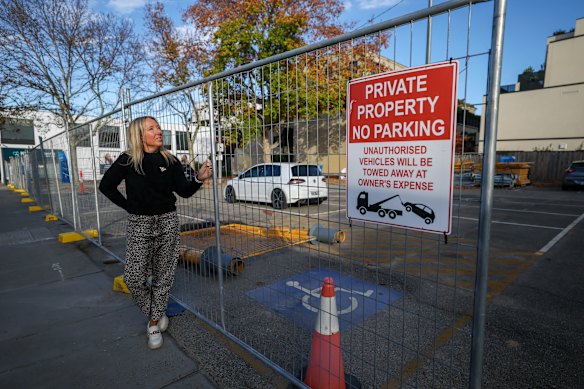 Toorak business owner Karlie Crow in the car park on Carters Avenue, across from her old shop, on Tuesday morning.