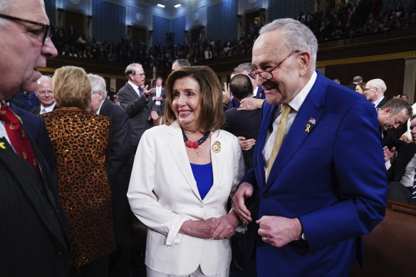 Nancy Pelosi and Chuck Schumer at the State of the Union address in March. 