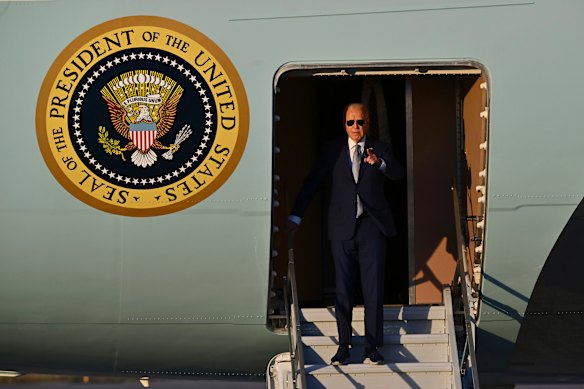 United States President Joe Biden arrives on Air Force One at Moffett Airfield in Mountain View, California.