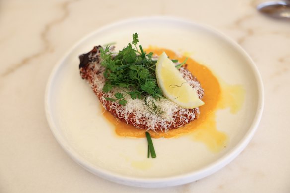 The eggplant is crisp on the outside but creamy inside.