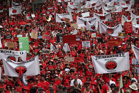 Victorian public school teachers gathered outside parliament in March.