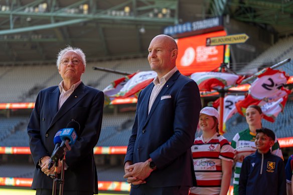 Sir Rod Eddington and Stirling Mortlock at Marvel Stadium.