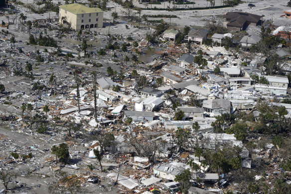 An aerial view of damaged homes and debris in Fort Myers, Florida, after Hurricane Ian struck.