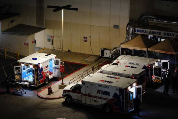 Ambulances outside the emergency room entrance at Loma Linda University Medical Center in Loma Linda, California.