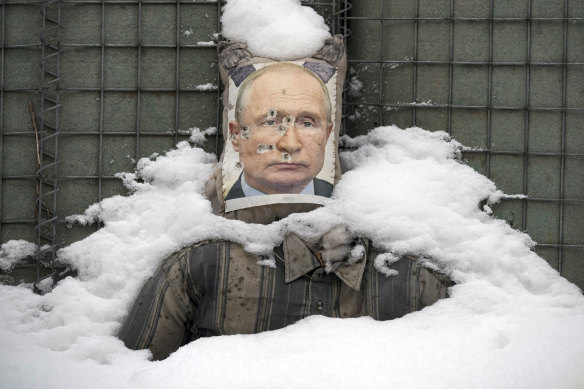 A bullet-riddled effigy of Russian President Vladimir Putin in eastern Ukraine.