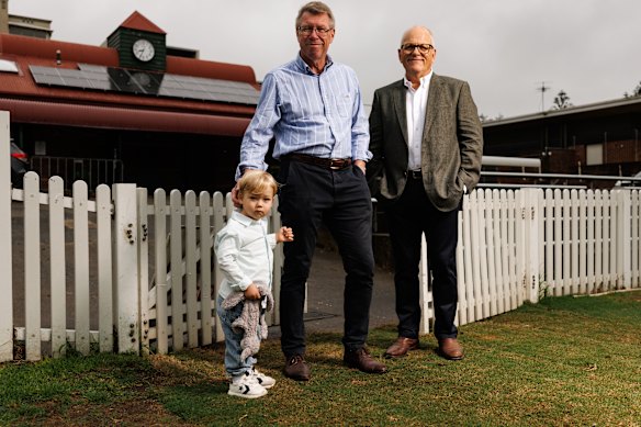 Wallabies captain Nick Farr-Jones, his grandson Teddy, 2, and Greg Meagher pose for a portrait at Coogee Oval.