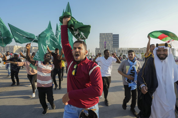 Fans of Saudi Arabia celebrate their team 2-1 victory over Argentina during the world cup.