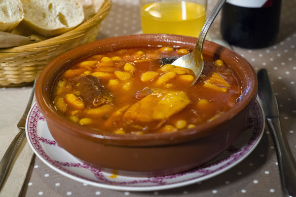 Fabada, a classic pork-and-bean stew typically eaten at Asturian cider houses.