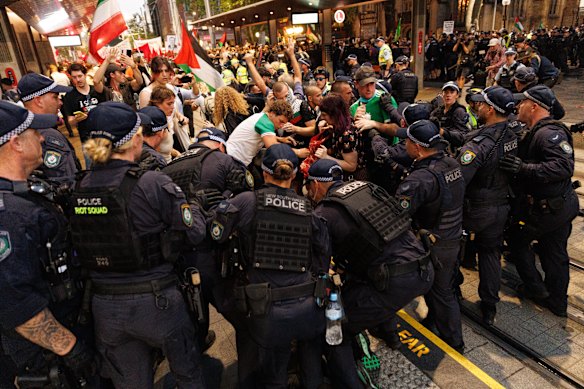 Clashes broke out between police and protesters after some tried to march down George Street following the rally.