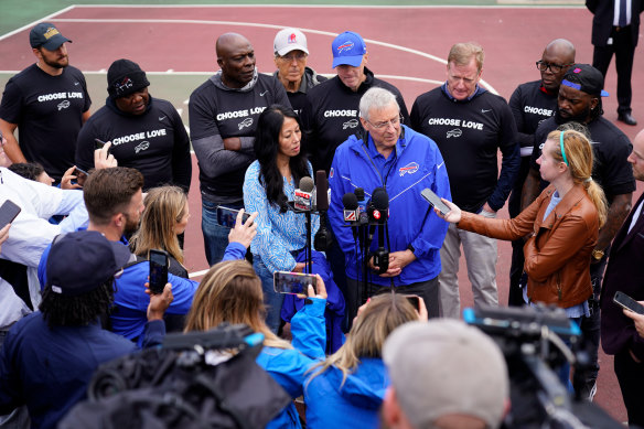 Buffalo Bills owner Terry Pegula and his wife Kim speak to the media earlier this year.