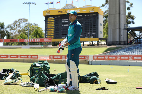 Alex Carey training at Perth’s WACA ground ahead of the Test against Pakistan at Perth Stadium.