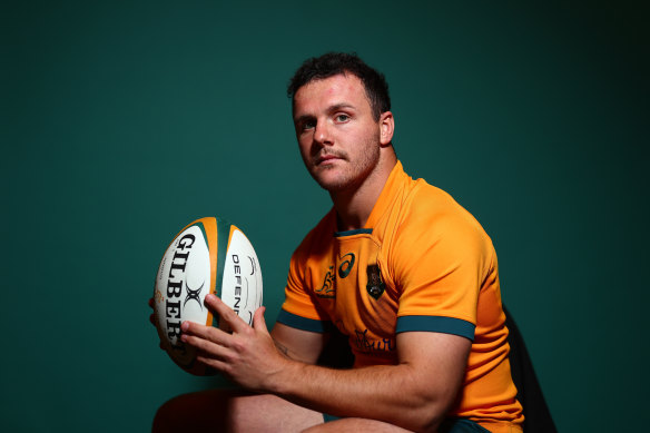 Dylan Pietsch poses during a Wallabies photo session last year. 