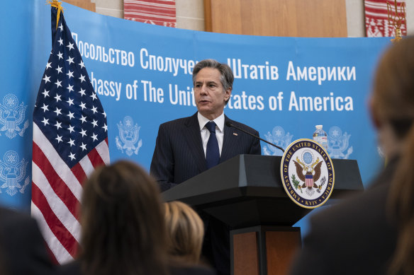 United States Secretary of State Antony Blinken speaks to US embassy staff in Kyiv, Ukraine, last week. 