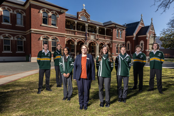 St Joseph’s College Echuca principal Anne Marie Cairns with some of her students.