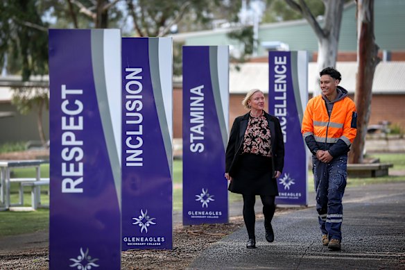 Gleneagles Secondary College Principal Jo Sayer and former student Jonah Heta, who now works at the school.