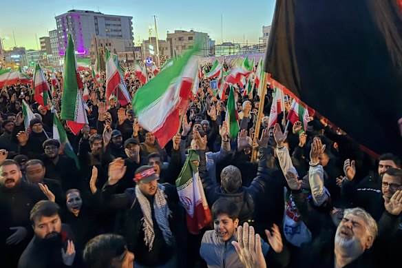 Government supporters gather in mourning after state TV officially announced the death of Iranian Supreme Leader Ayatollah Ali Khamenei, in Tehran.