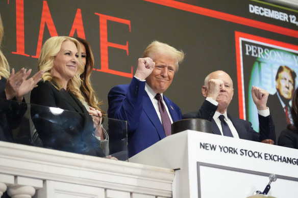 President-elect Donald Trump gestures after ringing the opening bell at the New York Stock Exchange.
